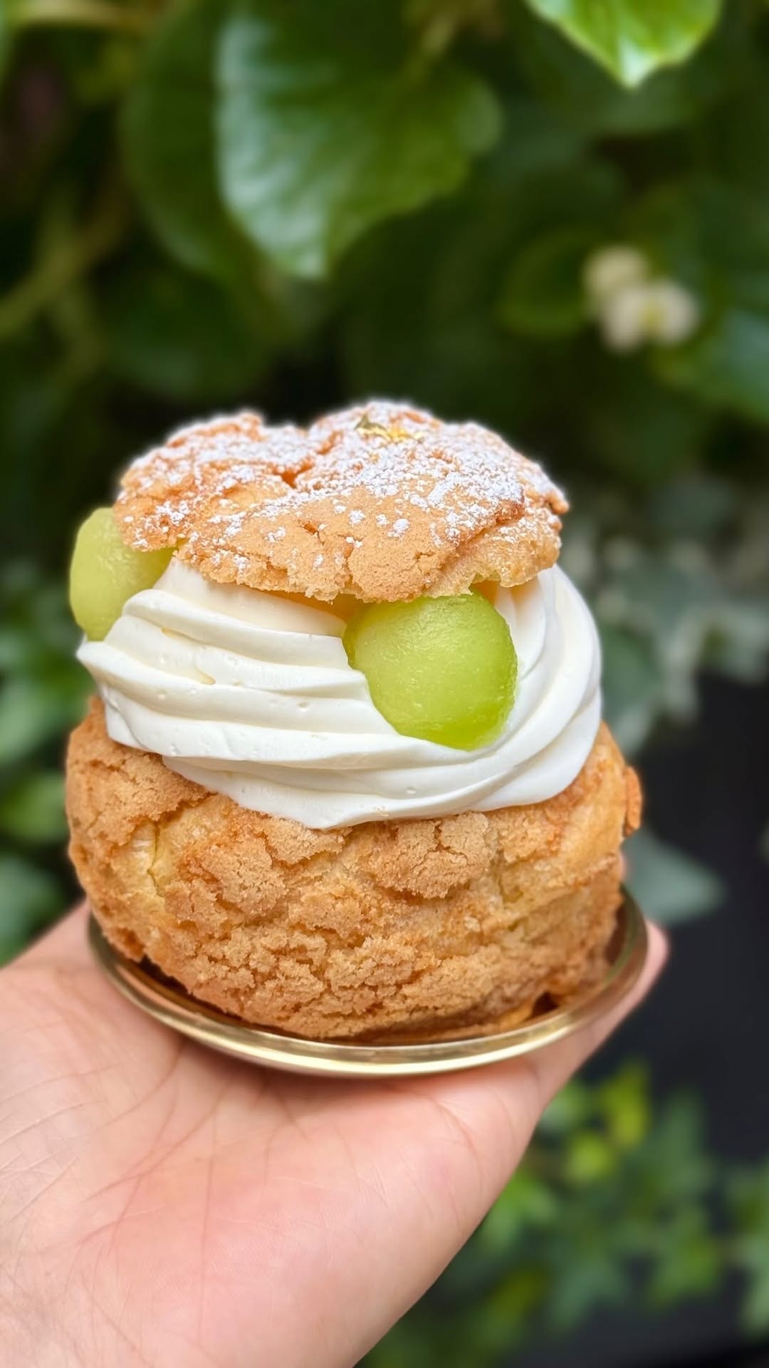 Honeydew Choux filled with melon, elderflower Chantilly, and vanilla pastry cream