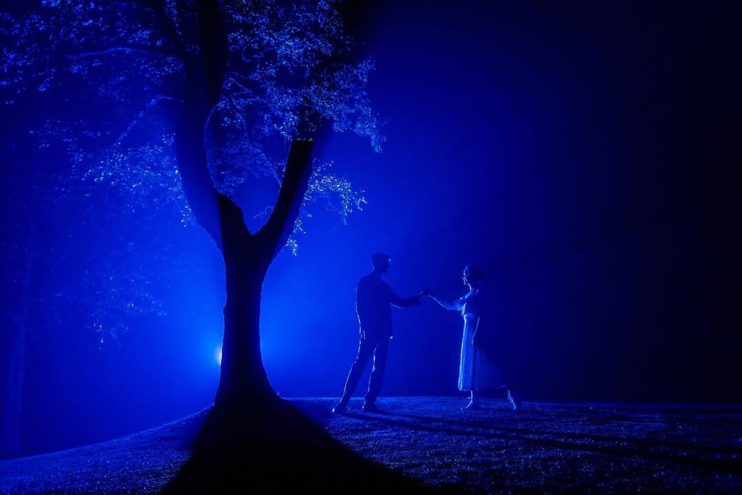 A silhouetted couple beneath a tree in blue fog