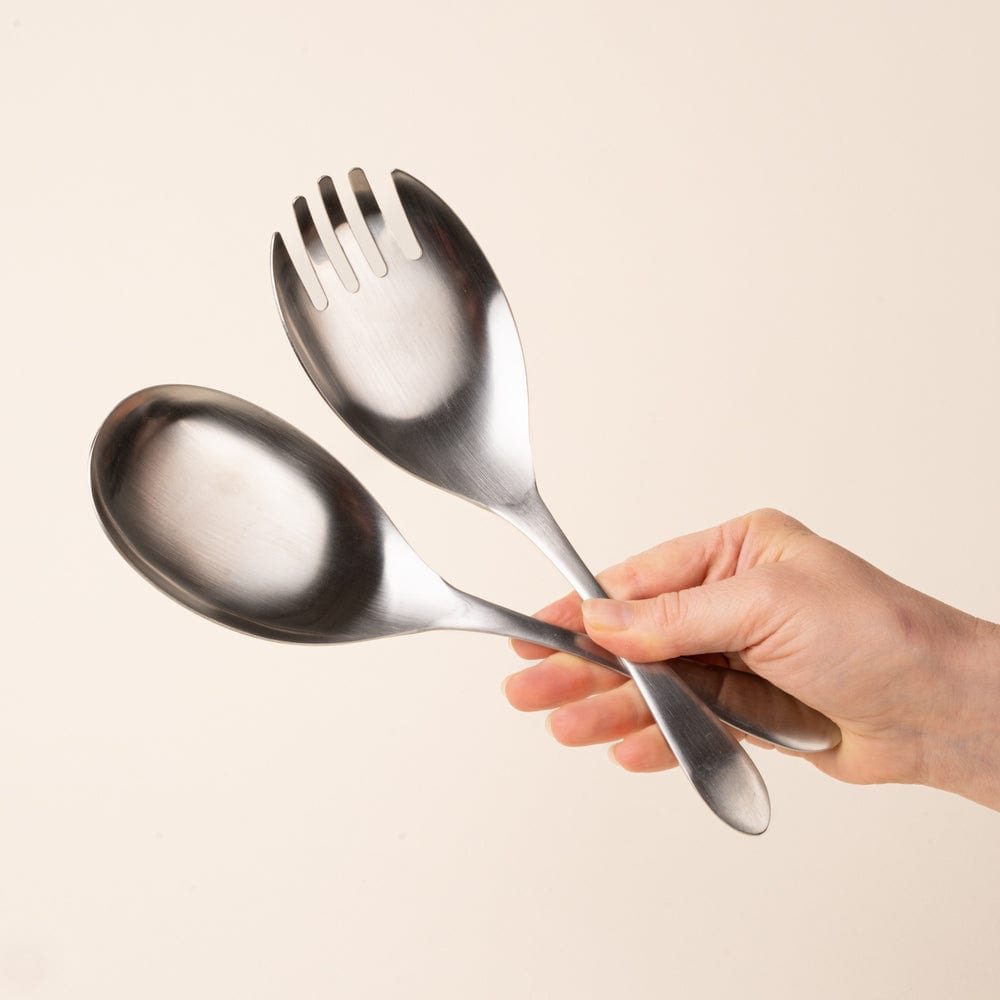 Hand holding a stainless steel serving spoon and fork.