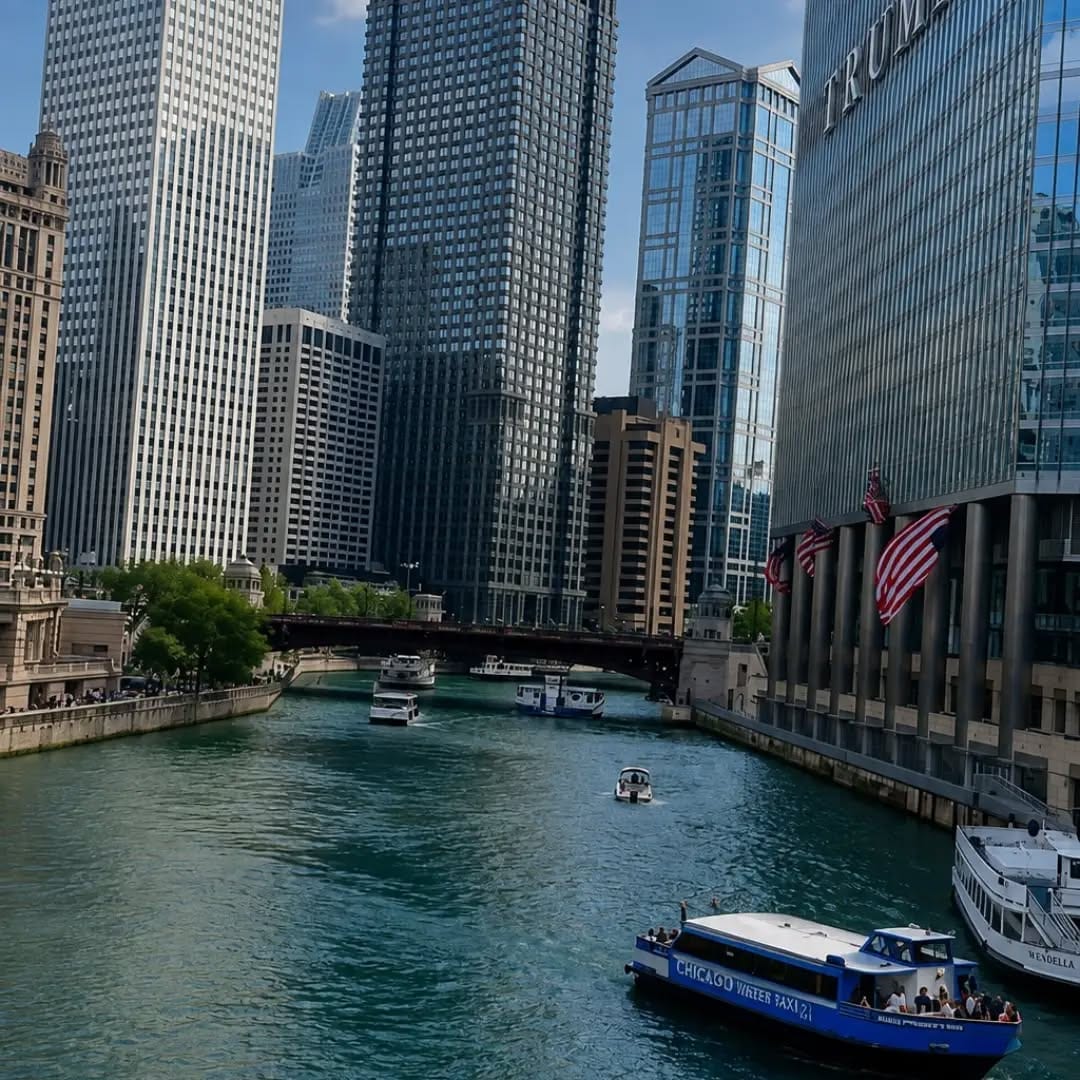 Chicago River between downtown buildings