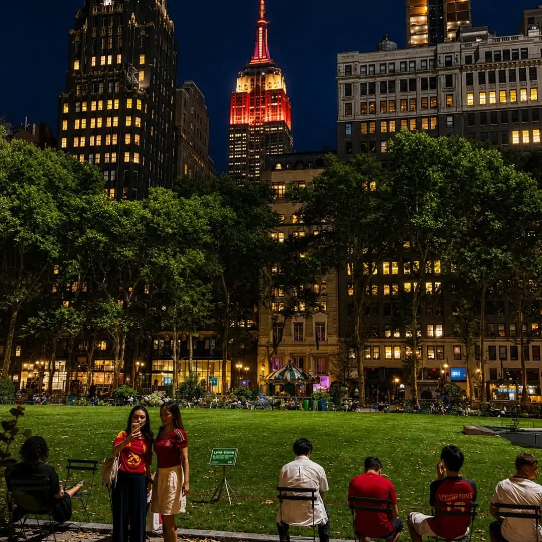 Empire State Building glowing red at night
