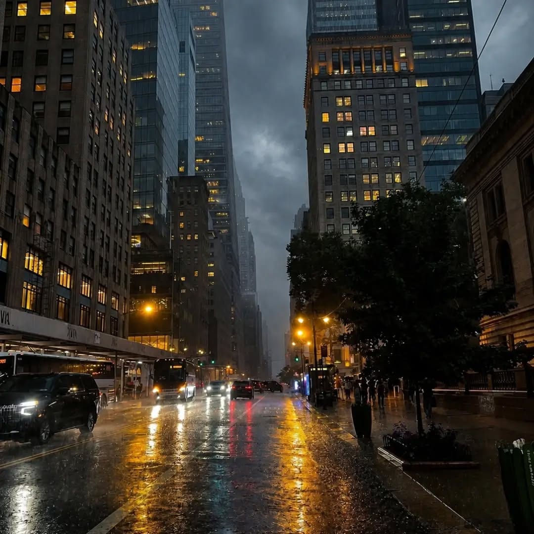 Rainy Midtown Manhattan street with reflections